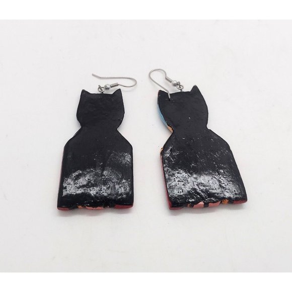 Handpainted Wooden Tuxedo Cat Dangle Earrings Whimsical Dapper Colorful - Picture 3 of 3